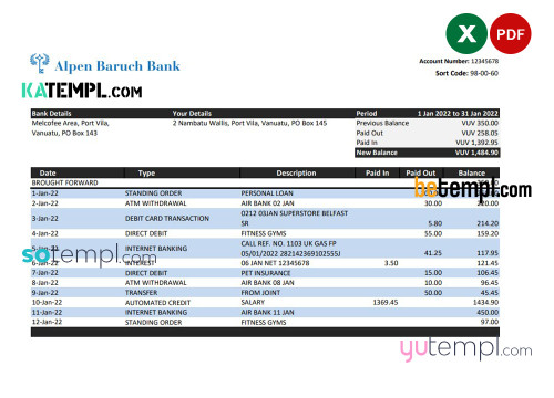Vanuatu Alpen Baruch bank statement, Excel and PDF template