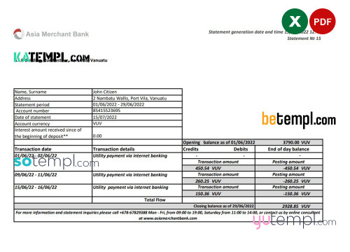 Vanuatu Asia Merchant bank statement, Excel and PDF format