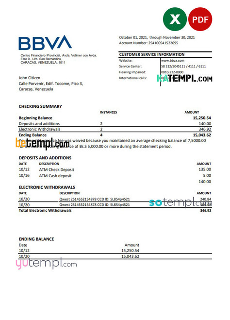 Venezuela BBVA bank statement easy to fill template in .xls and .pdf file format
