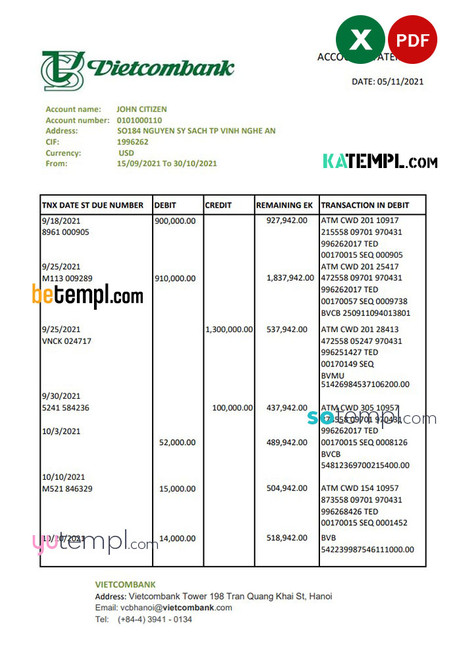 Vietnam Vietcombank bank statement easy to fill template in .xls and .pdf file format