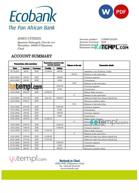 Chad Ecobank bank statement template in Word and PDF format