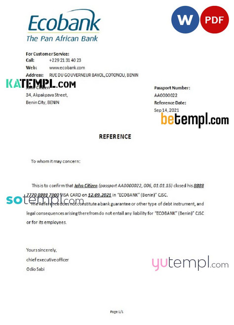 Benin Ecobank bank account closure reference letter template in Word and PDF format