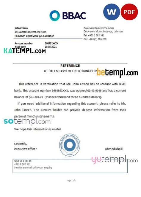 Lebanon Bank of Beirut and the Arab Countries bank account reference letter template in Word and PDF format