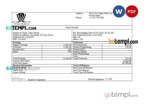 USA Wynn Resorts hospitality company pay stub Word and PDF template