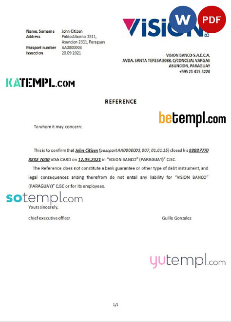 Paraguay Vision Banco bank account closure reference letter template in Word and PDF format