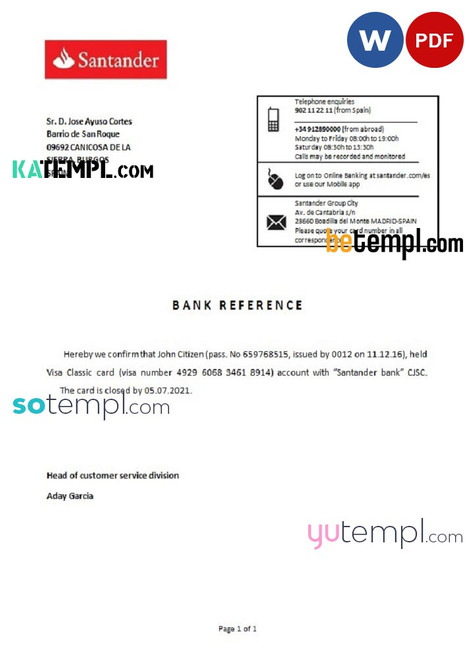 Spain Santander bank account closure reference letter template in Word and PDF format