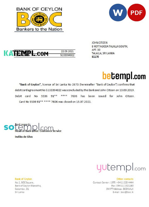 Sri Lanka BOC bank account closure reference letter template in Word and PDF format