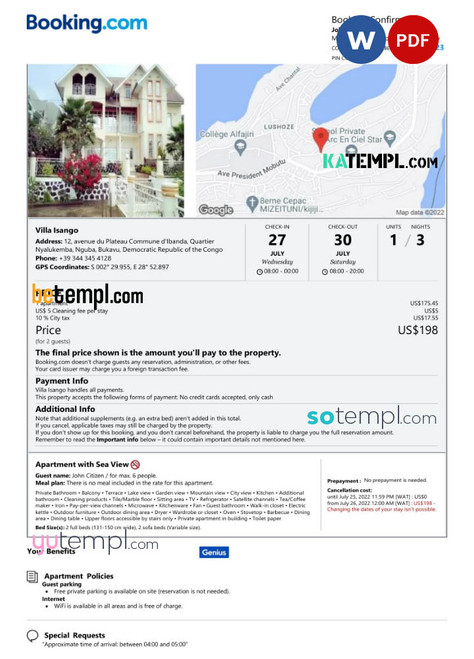 Democratic Republic of the Congo hotel booking confirmation Word and PDF template, 2 pages
