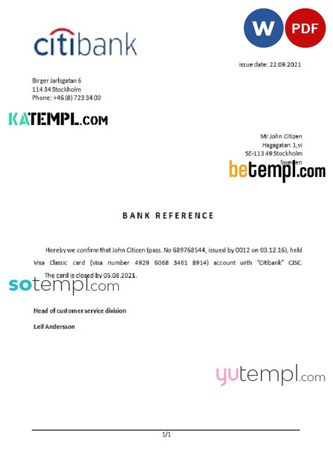 Sweden Citibank bank account closure reference letter template in Word and PDF format