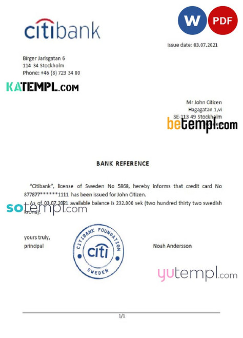 Sweden Citibank bank reference letter template in Word and PDF format