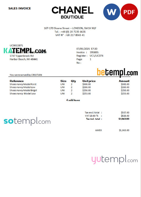 Sales Invoice Chanel Boutique template in Word format
