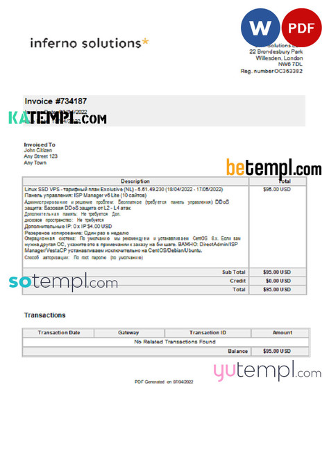 United Kingdom Inferno Solutions invoice Word and PDF template, fully editable