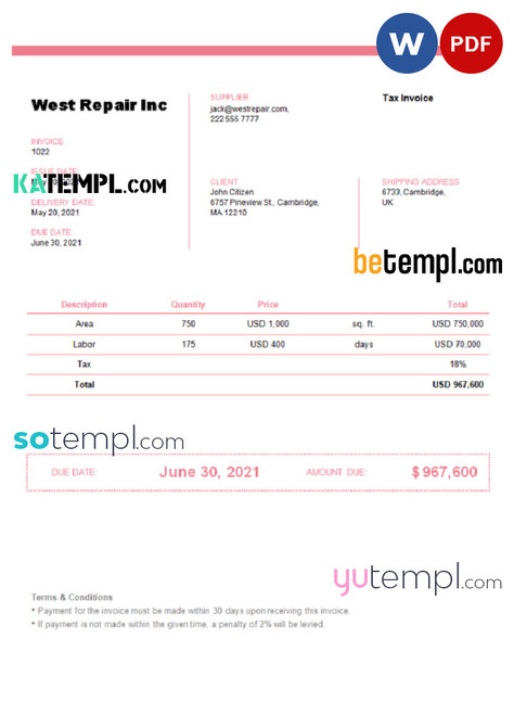 United Kingdom West Repair Inc invoice template in Word and PDF format, fully editable