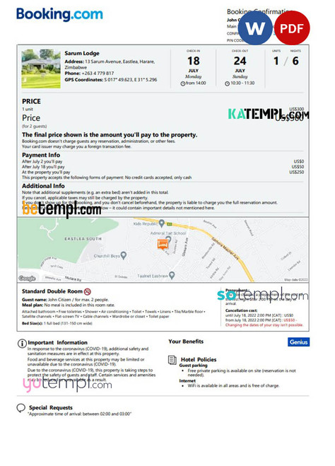 Zimbabwe hotel booking confirmation Word and PDF template, 2 pages