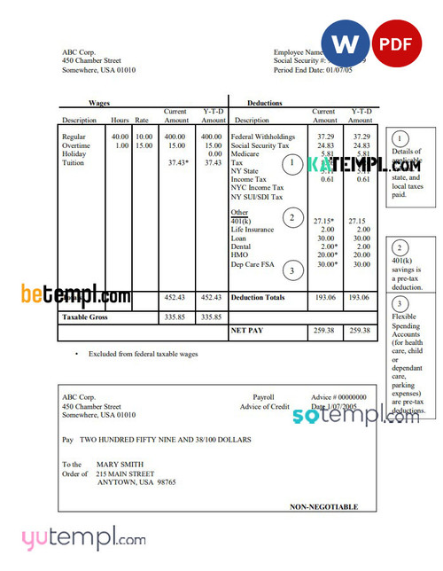 Corporation pay stub Word and PDF template