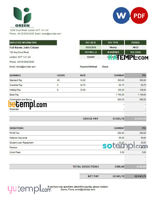 Green industry earning statement template in Excel and PDF formats