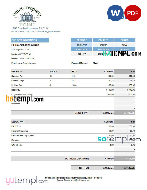 Hotel company payroll template in Excel and PDF formats