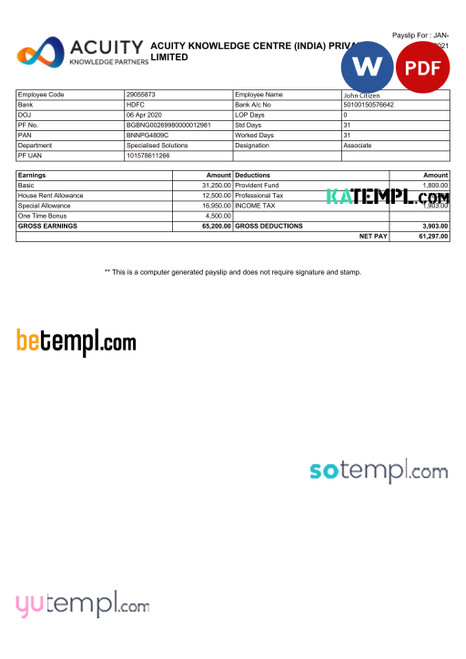 INDIA ACUITY Knowledge Centre Private Limited payslip template in Word and PDF formats