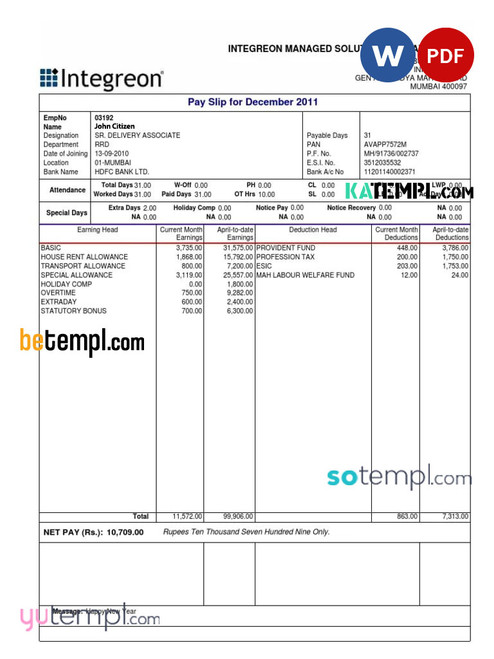 INDIA INTEGRON managed solutions Pvt.Ltd pay stub template in Word and PDF formats