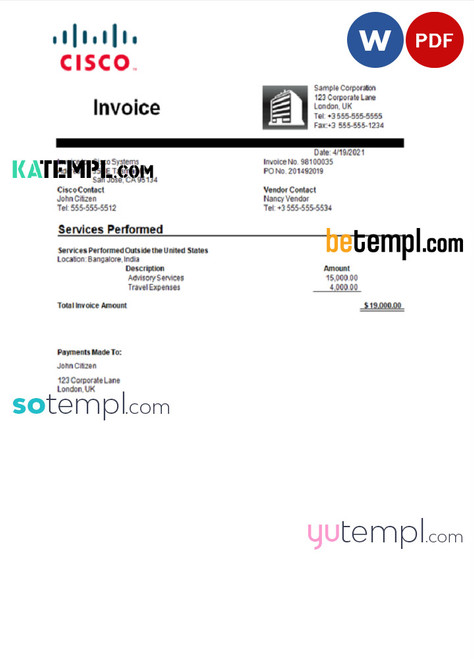 USA Cisco invoice template in Word and PDF format, fully editable