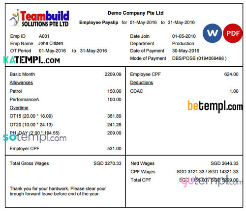 TEAMBUILD solutions Ptr Ltd payslip pay stub template in Word and PDF formats