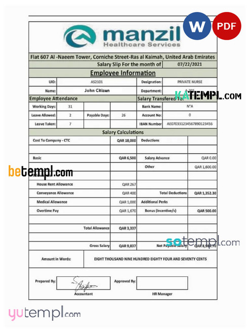 UAE MANZIL Healthcare Services salary slip template in Word and PDF formats