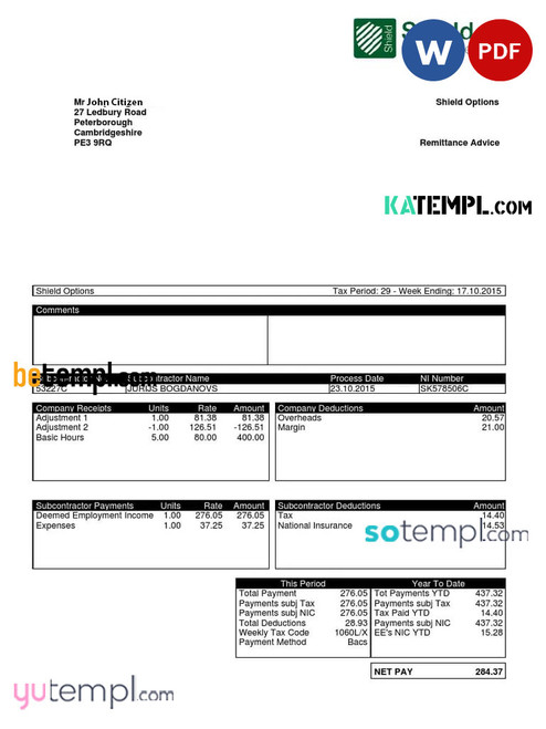 UNITED KINGDOM SHIELD contract services payslip pay stub template in Word and PDF formats