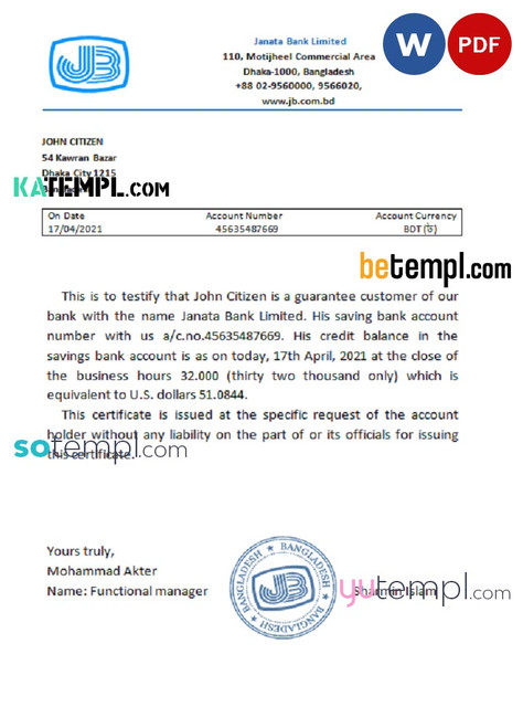 Bangladesh Janata bank account reference template in Word and PDF format