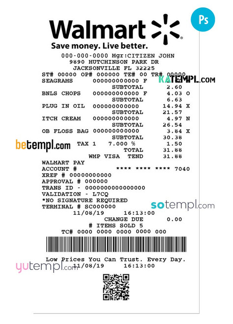 WALMART payment check PSD template