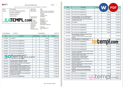 India Bandhan bank statement Word and PDF template, 4 pages