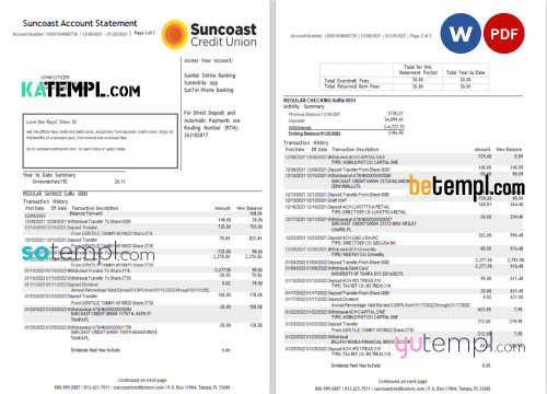 USA Suncoast bank statement Word and PDF template, 3 pages
