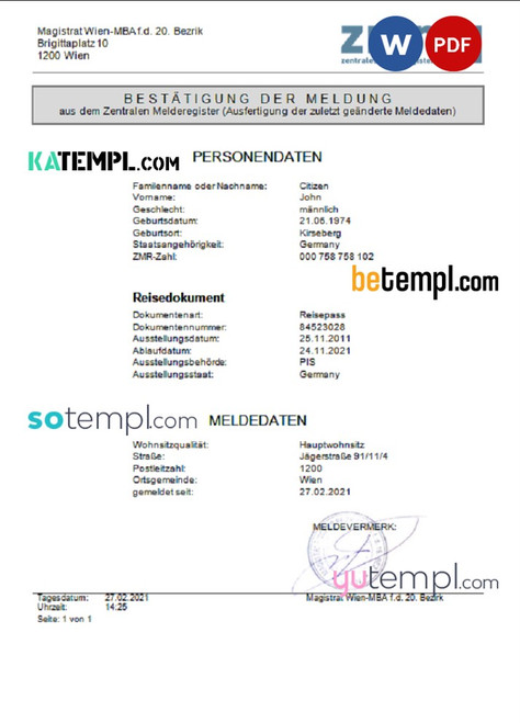 Austria ZMR Zentrales Melderegister Central register of residents document template in Word format