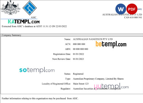 Australian Securities and Investments Commission’s (ASIC) Certificate of Company Registration 2