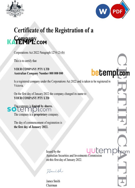 Australian Securities and Investments Commission’s (ASIC) Certificate of Company Registration 1