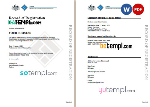 Australian Securities and Investments Commission’s (ASIC) Record of Business Registration Word and PDF template, 3 pages