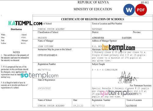 Kenya certificate of registration of schools .doc and .pdf template