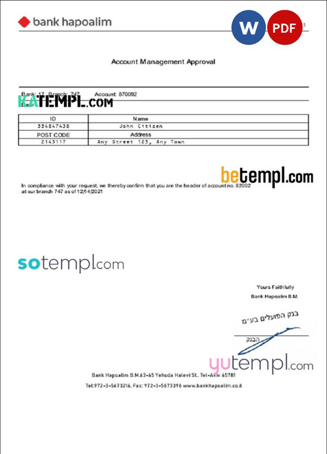 Israel Bank Hapoalim Account Management Approval template in Word and PDF format