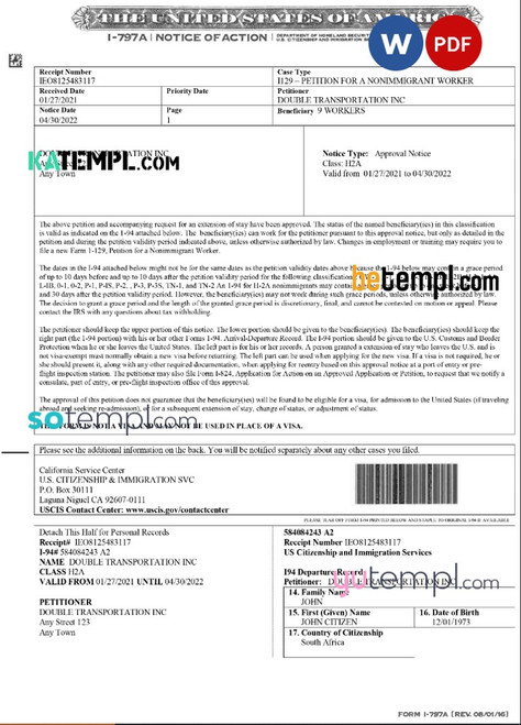 USA Form I-797A, Notice of Action template in Word and PDF format