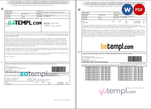 USA Form I-797B, Notice of Action template in Word and PDF format (2 pages)