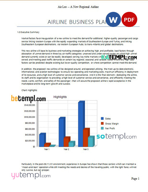 airline business plan template in Word and PDF formats