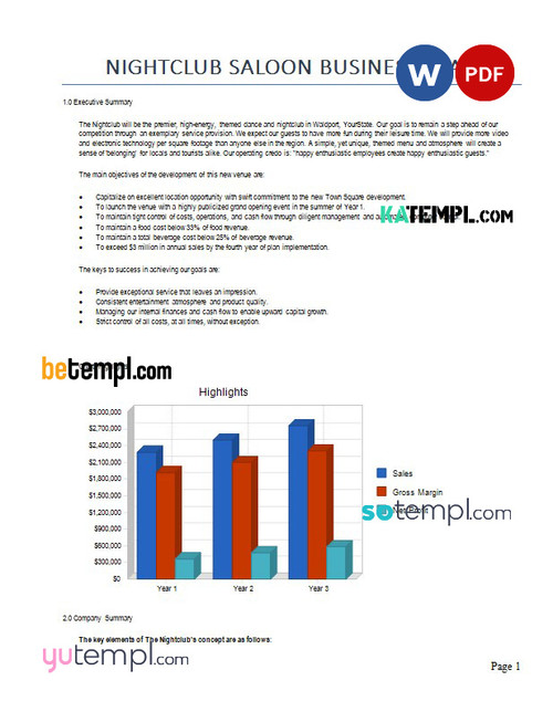 nightclub saloon business plan in Word and PDF formats