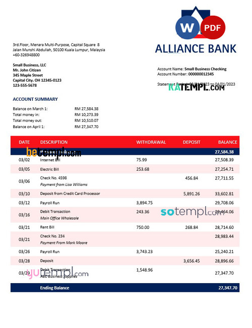 Alliance Bank enterprise account statement Word and PDF template