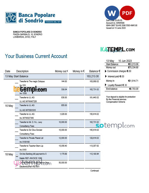 Banca Populaire di Sondrio Business Bank statement Word and PDF template
