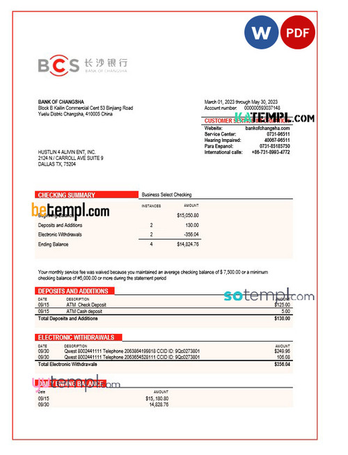 BANK of Changsha enterprise statement Word and PDF template