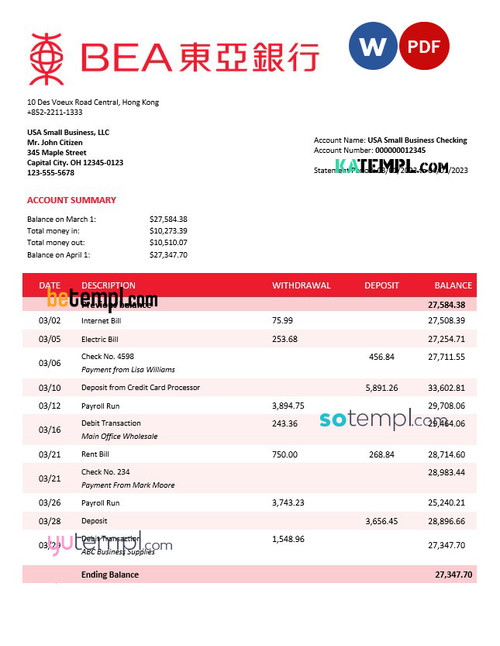 BANK of East Asia firm account statement Word and PDF template