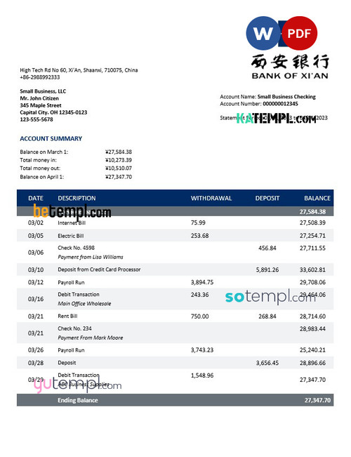 Bank of Xi’An enterprise account statement Word and PDF template