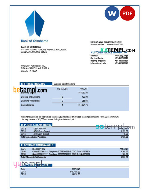 Bank of Yokohama company checking account statement Word and PDF template