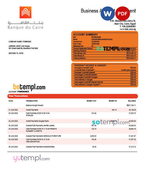 Banque du Caire company account statement Word and PDF template