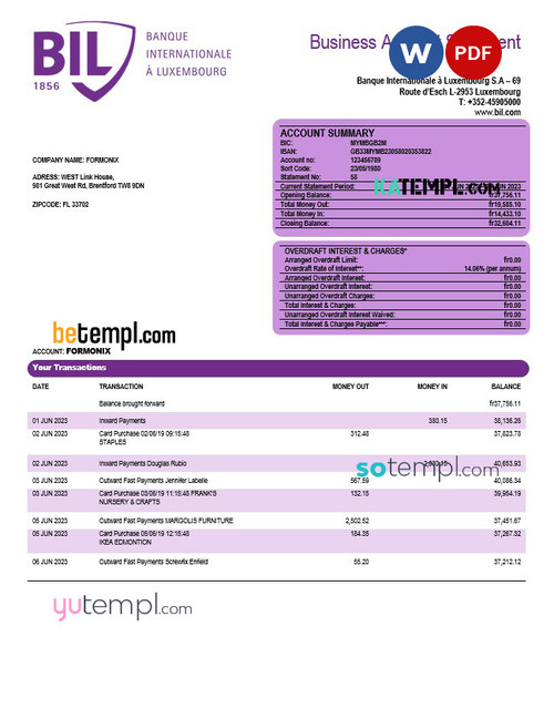 Banque Internationale a Luxembourg organization checking account statement Word and PDF template