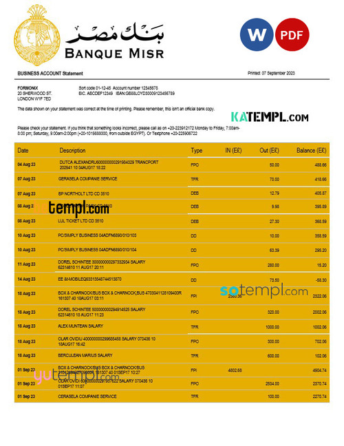 Banque Misr organization checking account statement Word and PDF template